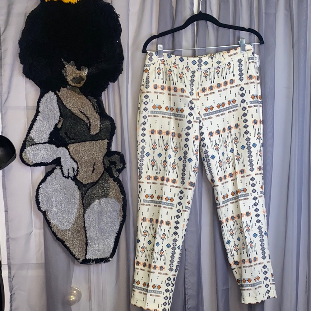 Cream Aztec Print Cotton Blend Straight Leg Pants